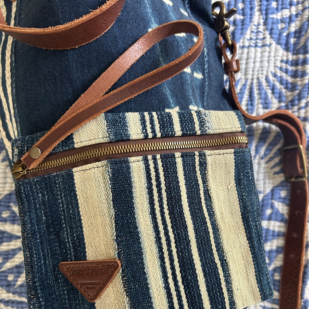 West African Mud Cloth Mali Barrel Bucket Bag Genuine Leather Hand Crafted - Picture 11 of 16